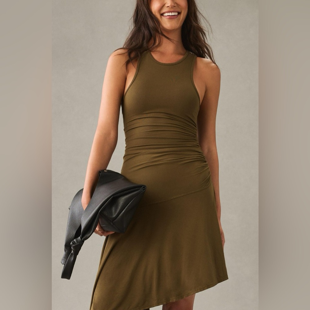 Anthropologie Daily Practice Sleeveless Side Ruched Olive Green Asymmetric Dress